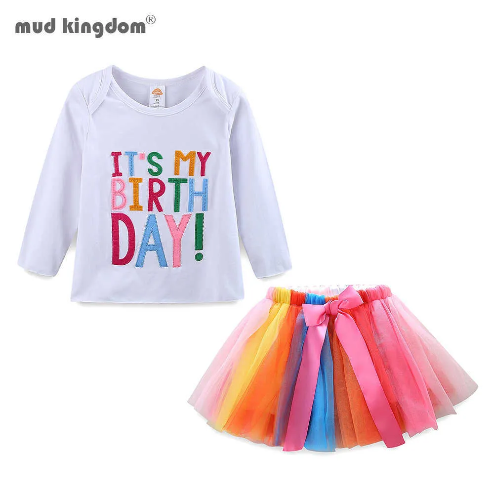 Mudkingdom meninas bonitos roupas de aniversário decalques coloridos saia de manga longa definido para 210615