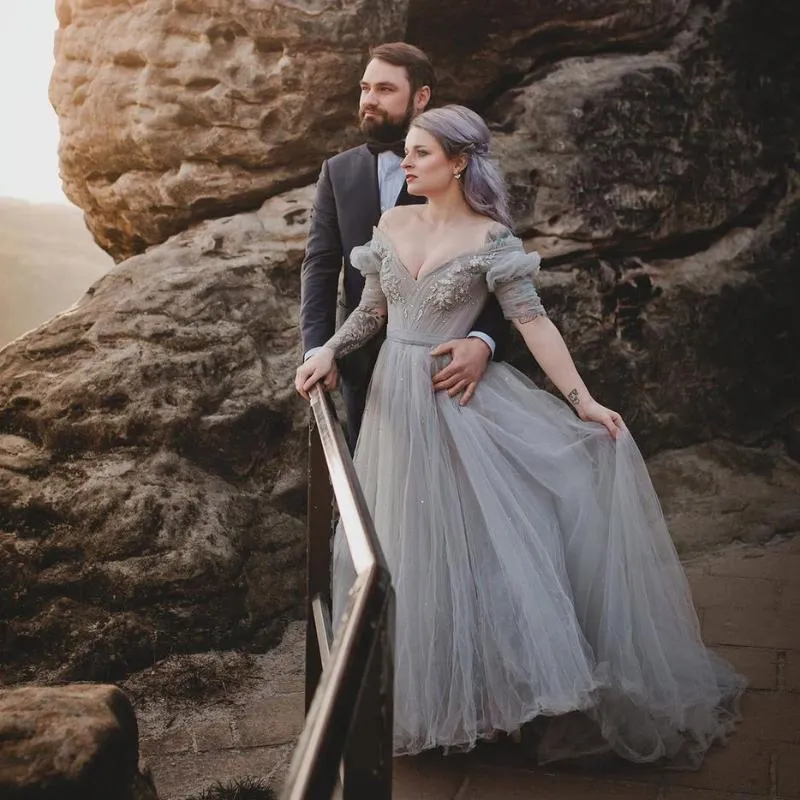 Smoky Grey Off-Shoulder Ball Gown Elegant Party Dress, Applique Short  Sleeves, Shining Floor Length Formal Engagement Photoshoot