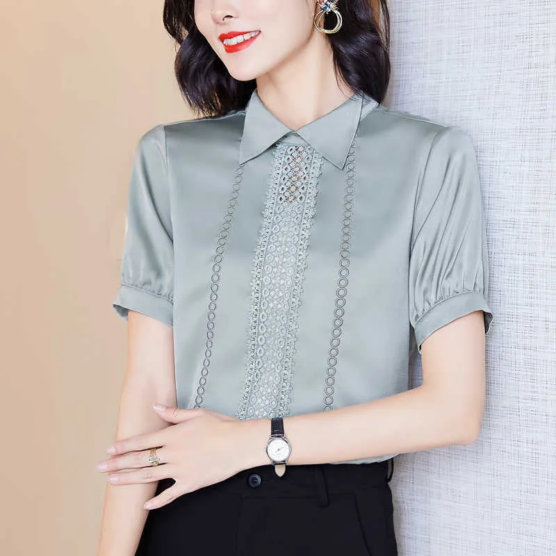 Koreanische Frauen Hemd Seidenblusen für Kurzarm Hollow Out S Weibliche Top Spitze Pullover Bluse Übergroße Frau OL 210604
