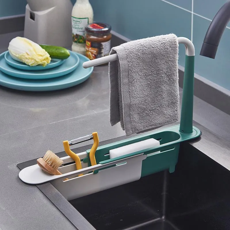 Kitchen Storage & Organization Sink Shelf Organizer Soap Sponge Holder Towel Hanger Drain Rack With Drainer Basket Gadgets
