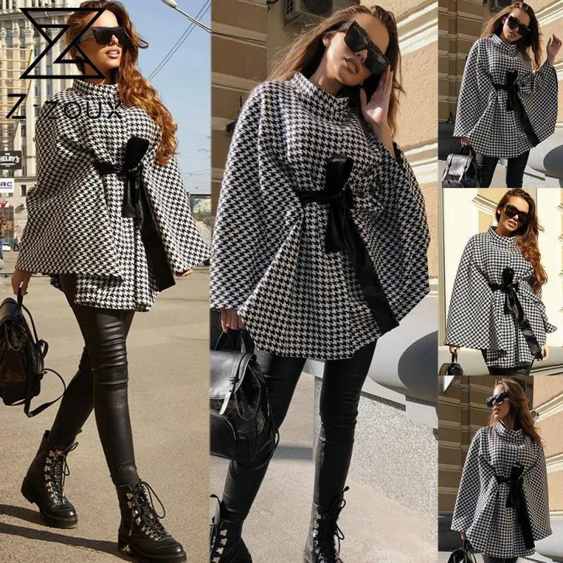 Kvinnor Coat Plaid Cape Lace Up Stand Collar Batwing Sleeve Cloak Jacket Mode Ladies Capes Höst Vinter Toppar 210524