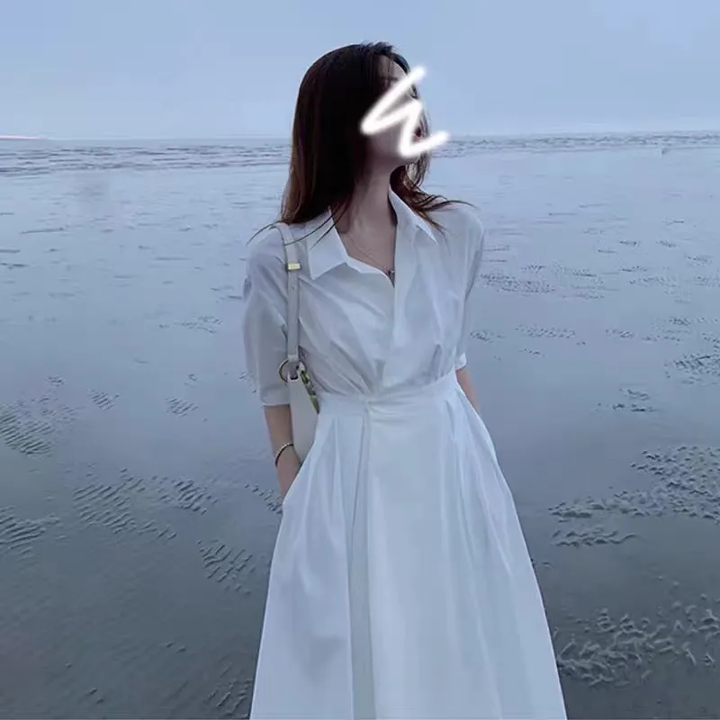 Elegant White Satin Midi Dress for Women with Long Skirt