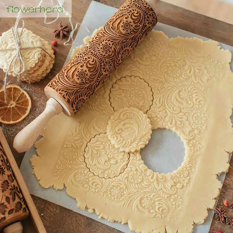 Damask Embossing Rolling Pin Frosty Pattern Wooden Baking Cookies Biscuit Tool Fondant Cake Engraved Roller Flower Wisteria 210401