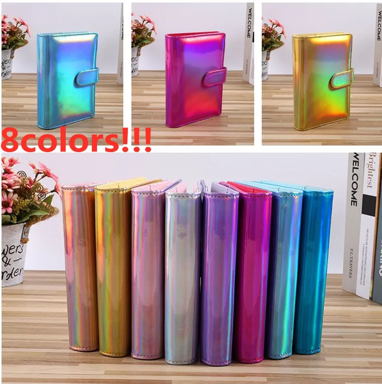 A6 Holographic Notebook Binder notepads PU Leather Refillable 6 Ring Binders for Filler Paper with Magnetic Buckle Closure can custom DIY