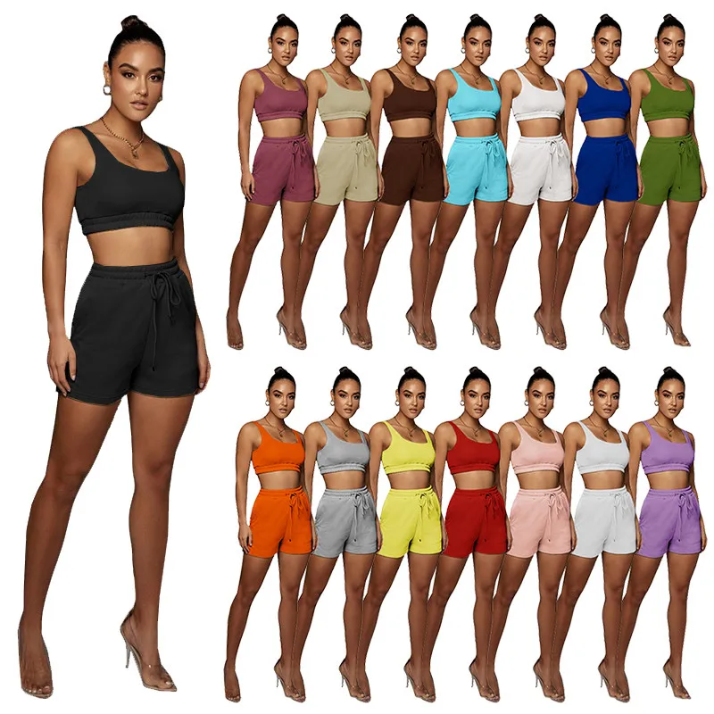 Mulheres Jogger Ternos Plus Size 2x Summer Tracksuits Solid Sportswear Roupas sem mangas T Camisa Top + Shorts Duas peças Set Running Roupas 5175