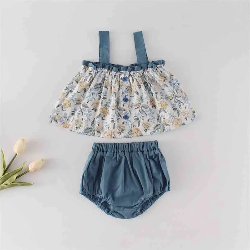 Summer Sleeveless Cute Suspenders Print Suit Cotton Top Bread Shorts Two Piece Set Baby Girl Clothes 210417