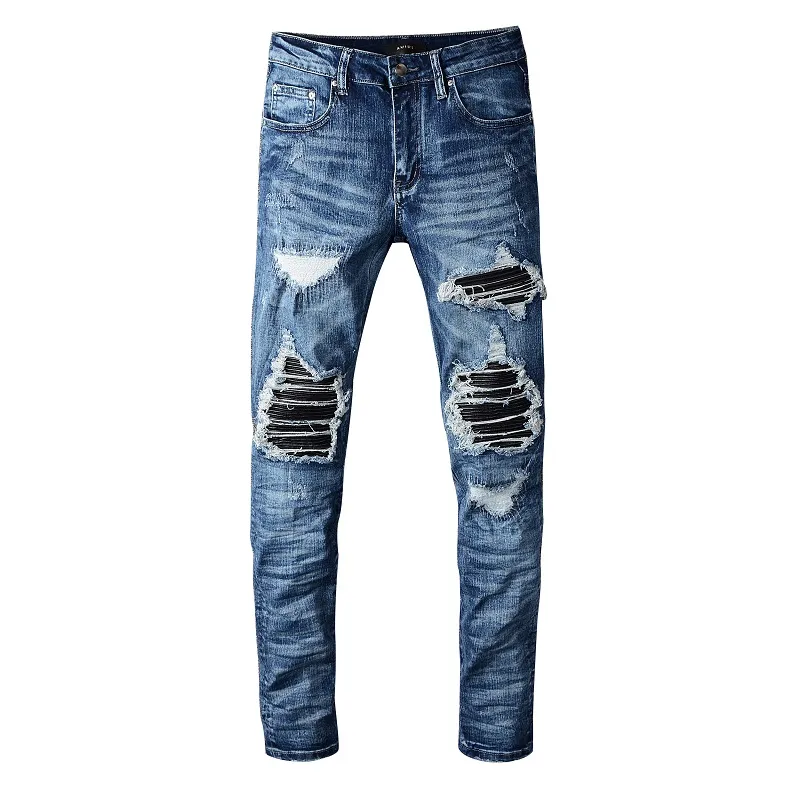 Mode Männer Lange Schlanke Blaue Jeans Desiger Hohe Qualität Patchworl Zerrissene Loch Demin Hosen Streetwear Hiphop Hosen für Männer