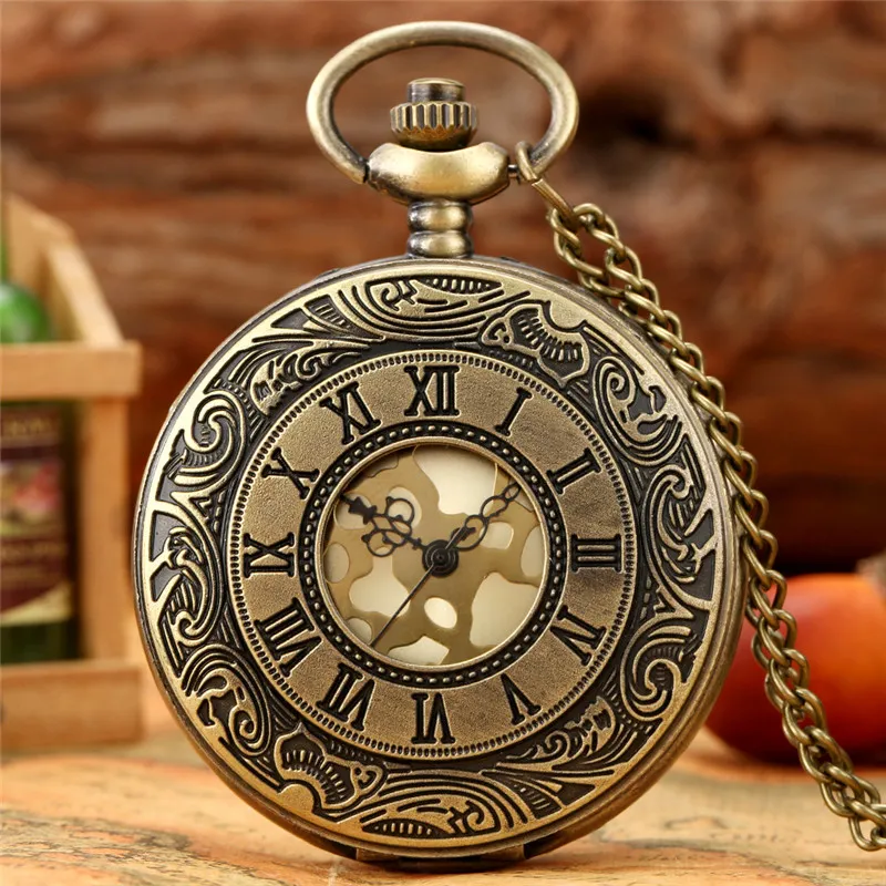 Antique Mens Womens Quartz Analog Pocket Watch Carved Roman Numeral Alloy Case Half Hunter Necklace Chain Xmas Gift