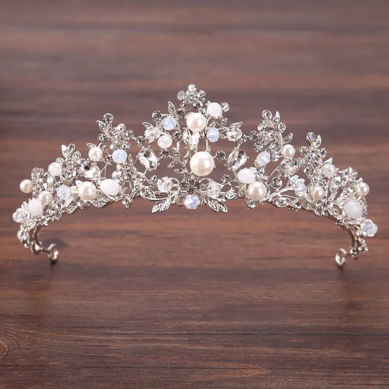 Forseven Silver Färgblad Kristall Pearl Tiara Crown Bridal Smycken Noiva Diadem Headpiece Pagant Bröllop Hårtillbehör