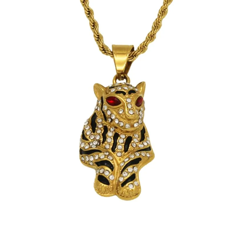 H￤nghalsband Hiphop smycken rostfritt st￥l guld pl￤terad full diamant rand leopard kvinnor tr￶ja kedja amulet ￶verf￶ring