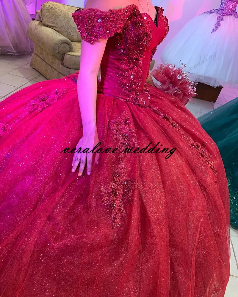 Abito Quinceanera rosso con spalle scoperte Applique in pizzo vestido de 15 anos XV Bridal Boutique Prom Party Wear Princessa Sweet 16 Gowns