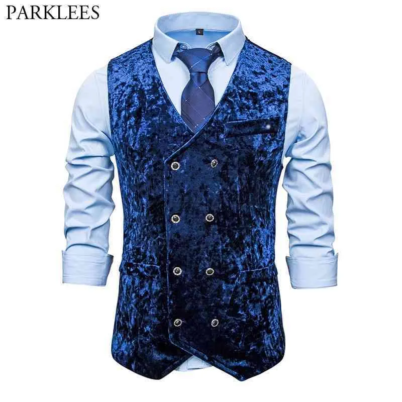 Hommes bleu Royal Double boutonnage velours gilets marque Slim Fit costume robe gilet hommes fête mariage décontracté gilet pour homme 210522