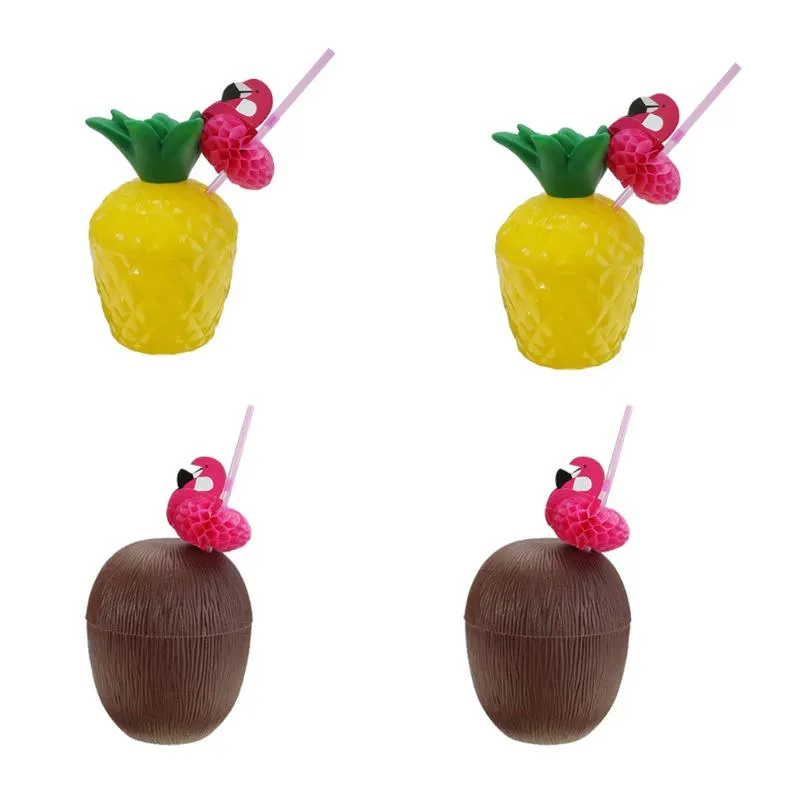 Ensemble de tasses et soucoupes en plastique pour boisson à l'ananas, fournitures de fête tropicale en noix de coco avec pailles de couleur aléatoire pour Luau, 4 ensembles