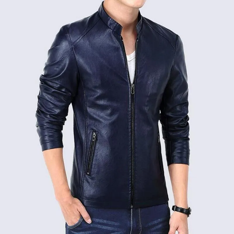 Men's Fur & Faux Mens Leather Jacket Men Zipper Stand Collar Thin Male PU Coat Solid Leisure Slim 4XL