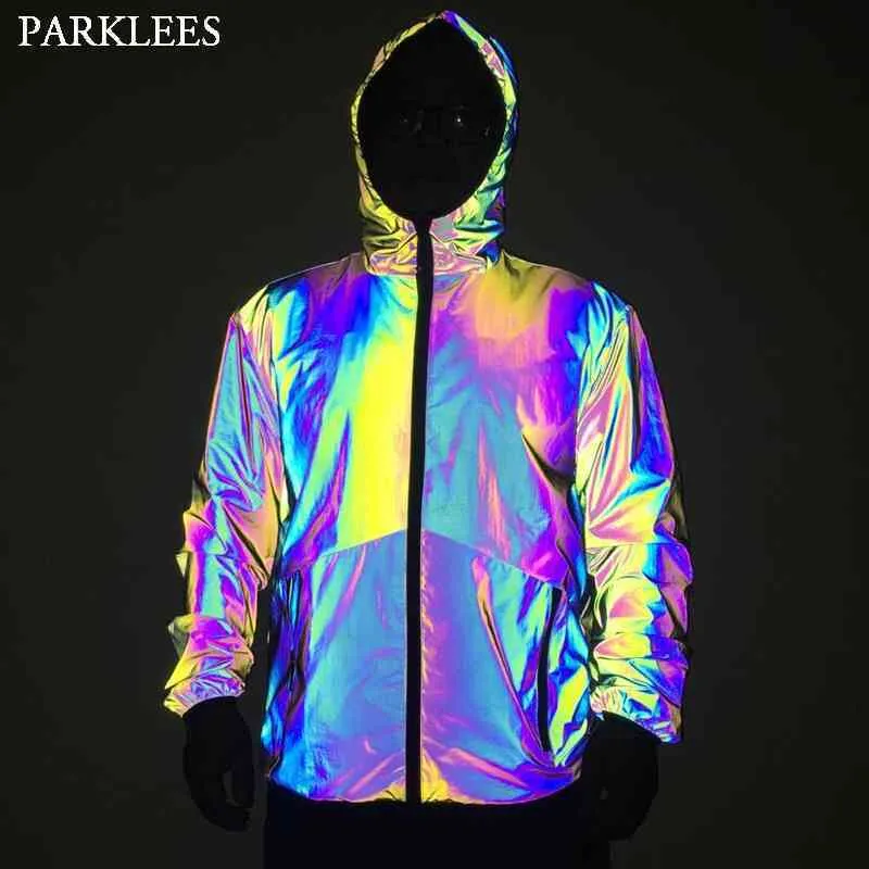 Glow Rainbow Réfléchissant Noctilucent Veste À Capuche Hommes Hip Hop Fluorescent Hommes Vestes et Manteaux Jaqueta Masculino 210522