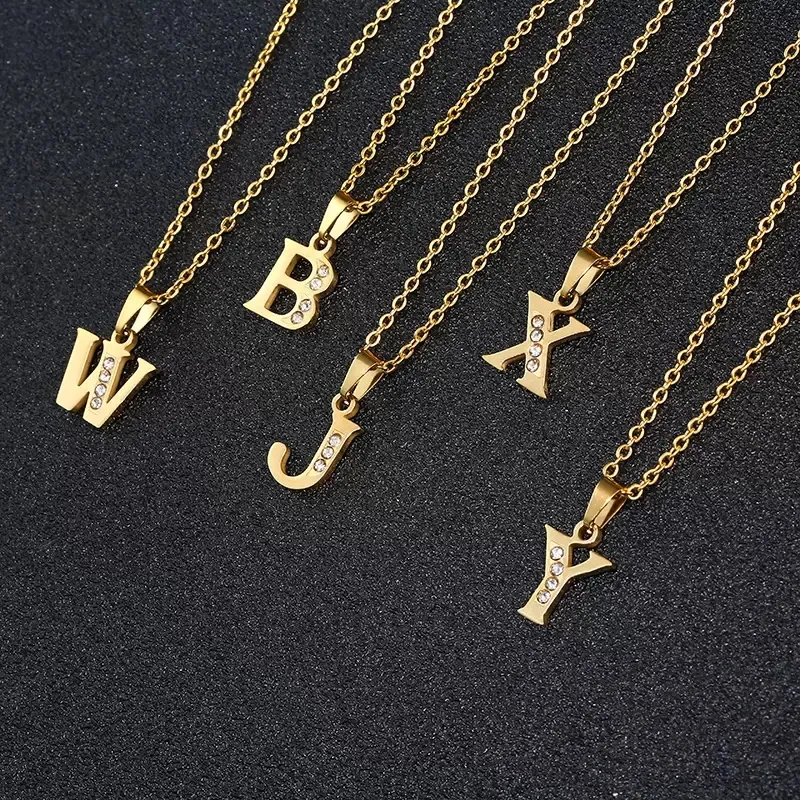 Halsketten mit Anhänger für Damen und Mädchen, Anfangsbuchstaben-Halskette, 26 Buchstaben, Charm, vergoldeter Edelstahl, Zirkon-Schmuckzubehör