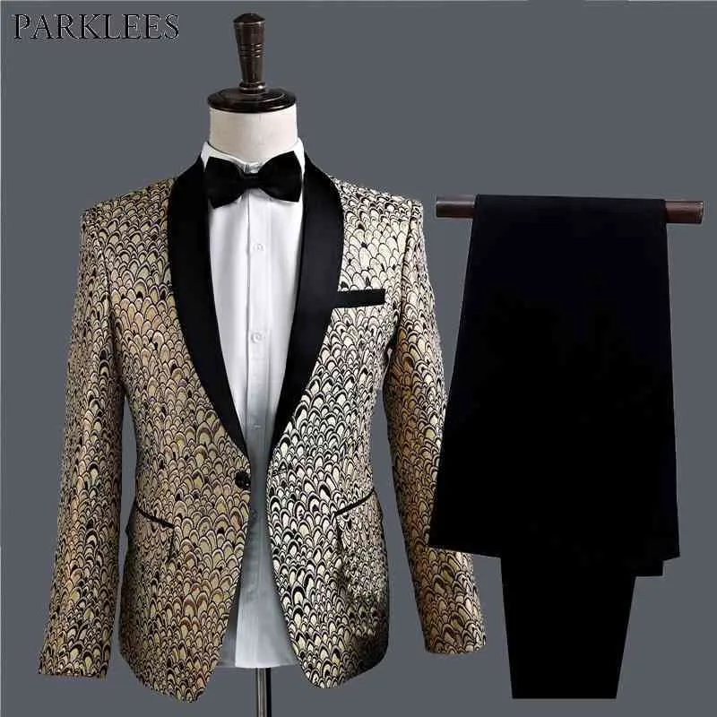 Mens Luxury Gold Feather Jacquard 3 Piece Suits (Jakcet + Byxor + Bowtie) Märke Showl Collar One Button Stage Singer Suit Set Män 210522