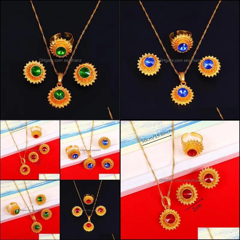 Серьги Ожерелье Ювелирные Изделия Наборы Красный Синий Зеленый Камень Эфиопский Золотой Цвет Оцветный Кольцо Традиционные Африканские Женщины Подарок Доставка 2021 Li
