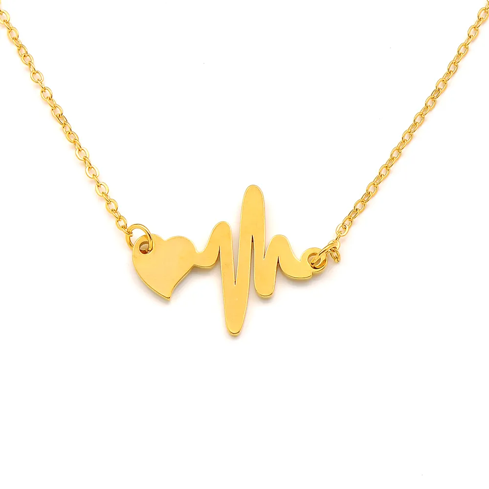 Initial HeartBeat Halsband Hängsmycke Hjärta Par EKG Electro Cardiogram Rhythm 14K Gul Fine Gold GF Chokers Connect