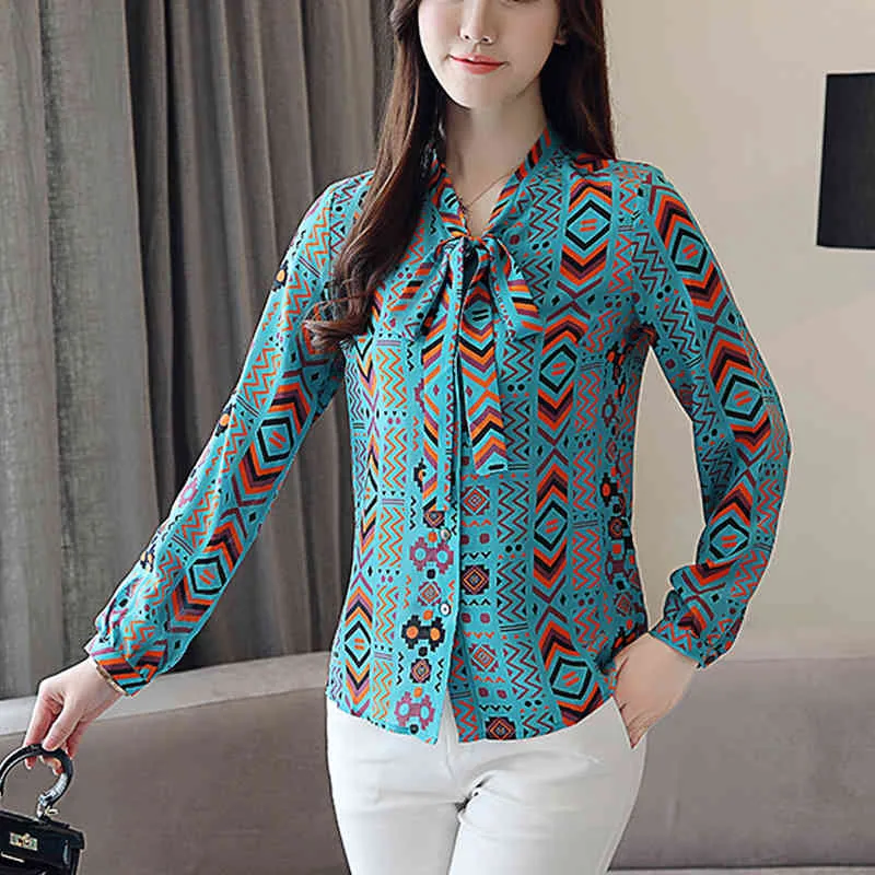 Женская блузка Blusas Mujer de Moda осень с длинным рукавом PlueSe размером 3XL напечатанный шифоновая рубашка лук 600C 210420
