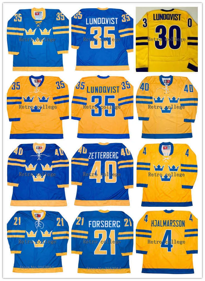 35 Henrik Lundqvist Team Sverige 40 Henrik Zetterberg 4 Hjalmrsson 6 Anton Stralman 21 Filip Forsberg Hockey Jersey Custom Any Name and