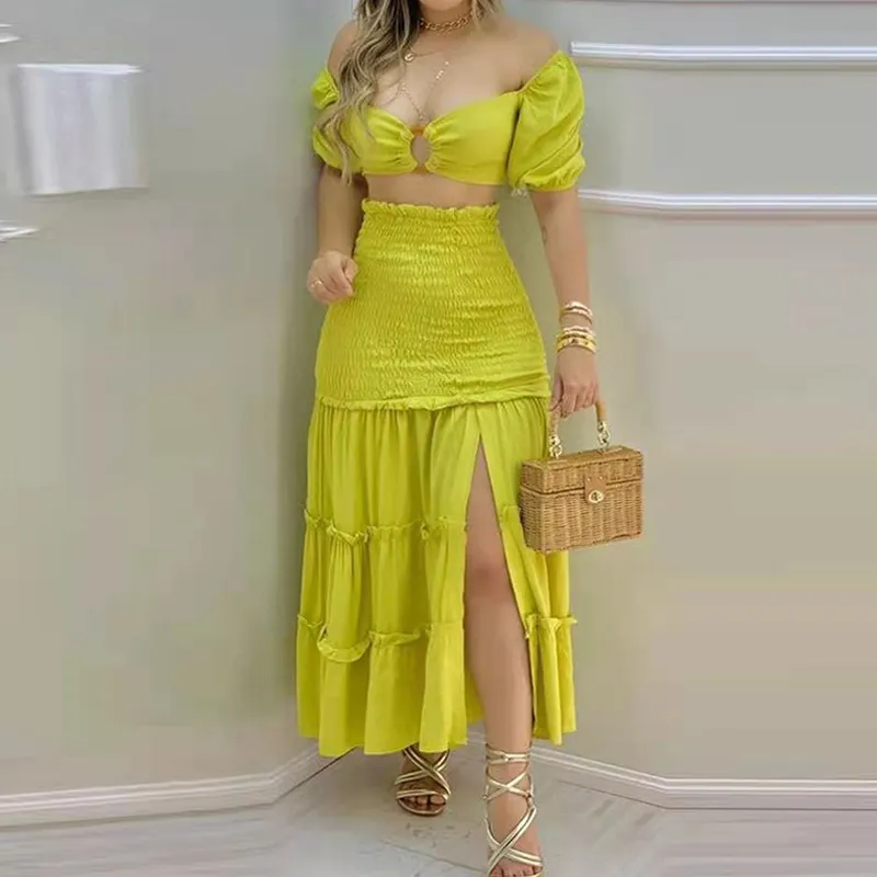 Women Elegant Dress Set Outfits O-Ring Crop Top & Frill Hem Shirred Slit Maxi Skirt Set Casual Summer Set 210521