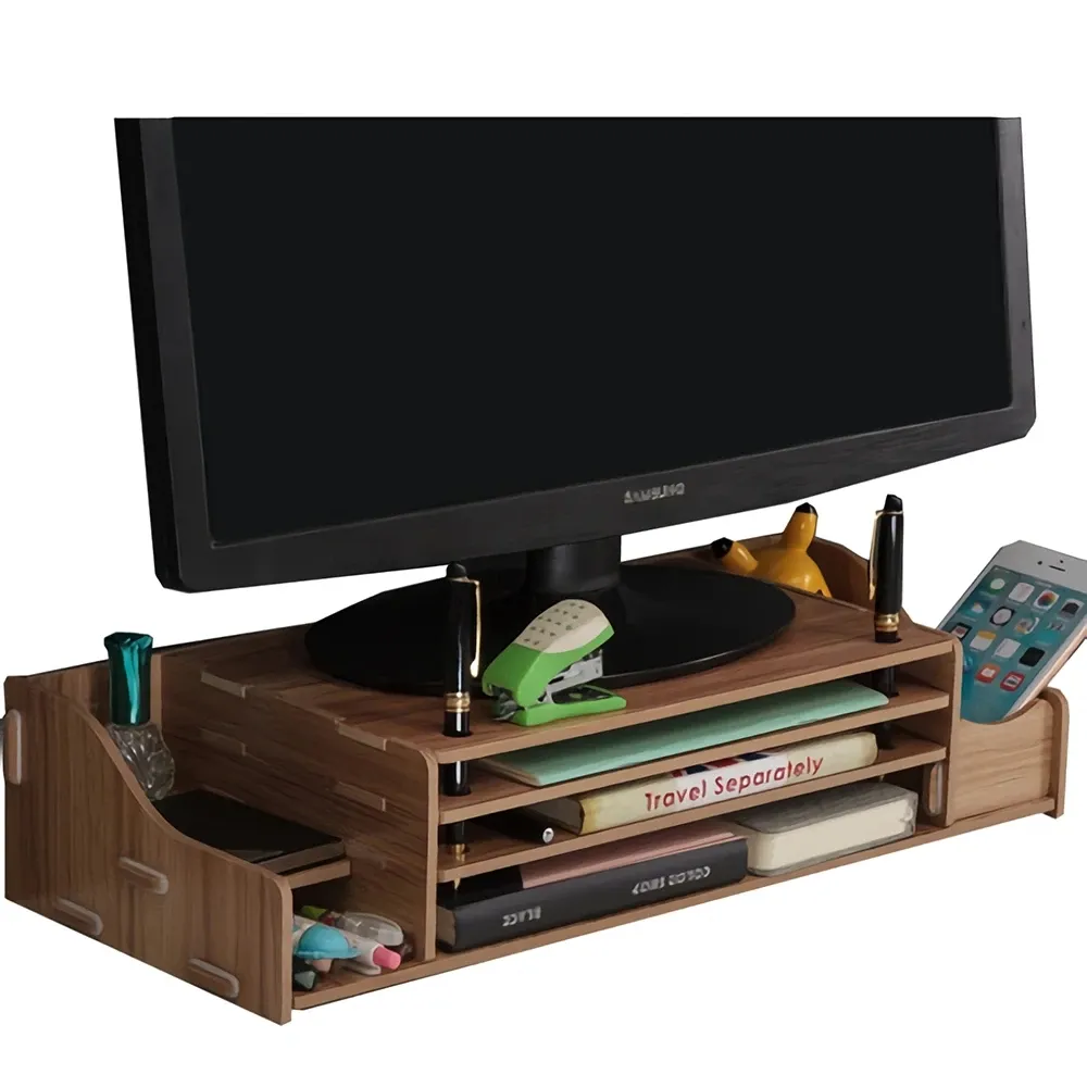 Support de support de moniteur d'ordinateur en bois bricolage 3 couches Riser Desktop Storage Finishing Rack Base - Noir