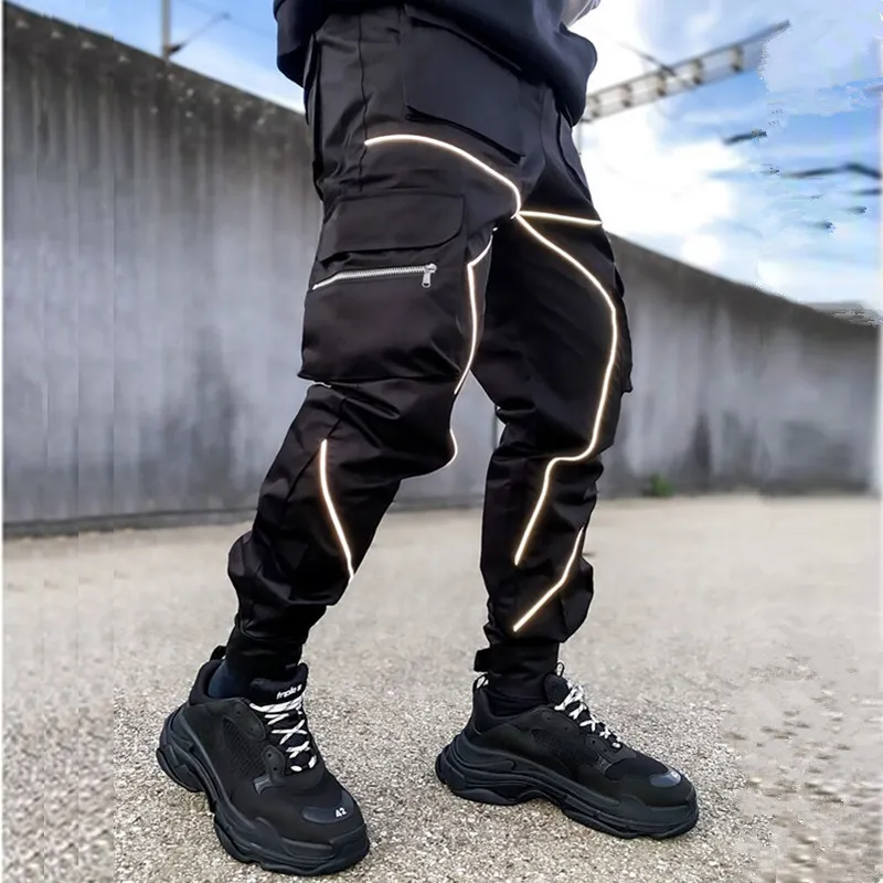 2021 Primavera Outono Calças de Carga Homens Fashion Maré Cool Stew Street Calças Reflexivas Nighttime Calças Casuais Calça Masculina