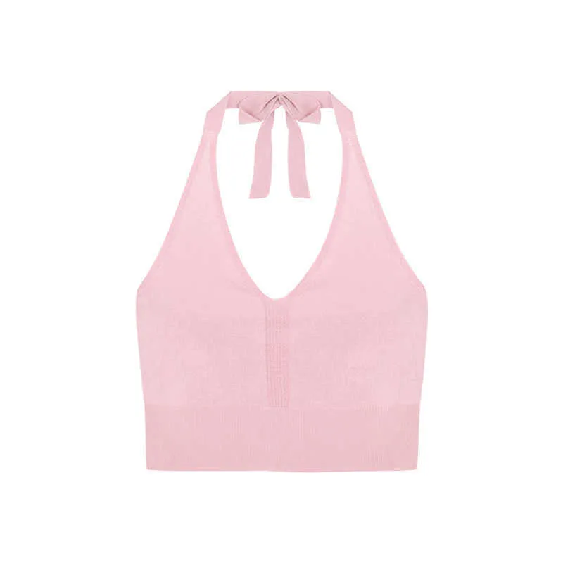 Hanging Neck Sexy Low Chest Big Bust Knitting Fashion Candy Color Stripe  Backless Vest Sling Tops Camis Tank (Color : Pink, Size : Small)