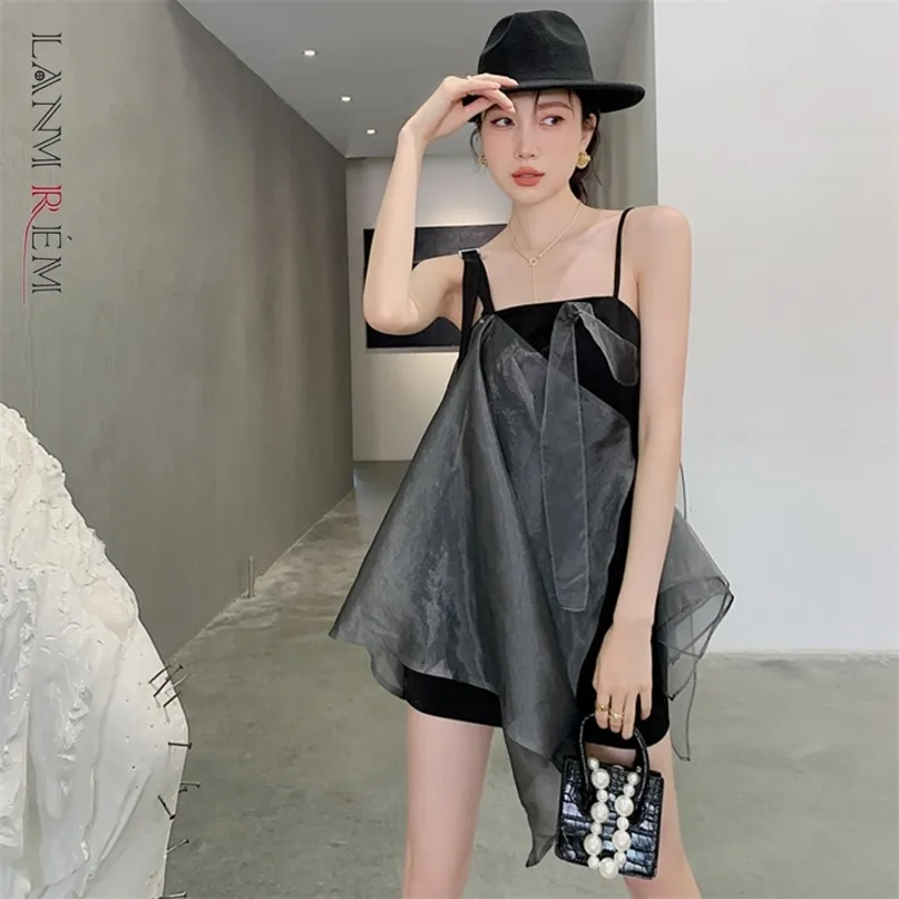 Women Irregular Dress Organza Asymmetri Slash Neck Sleeveless Patchwork Temperament Loose Fit Fashion Summer 2H272 210526