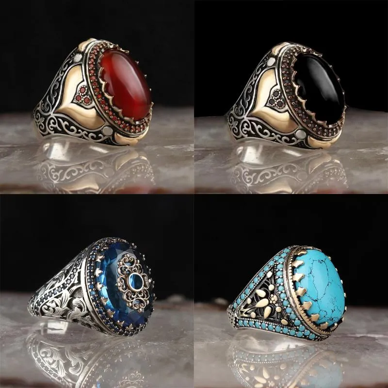 Anneaux De Mariage Vintage À La Main Sculpté Turc Signet Pour Hommes Incrusté Rouge Noir Zircon Pierre À La Mode Islamique Religieux Musulman Bijoux