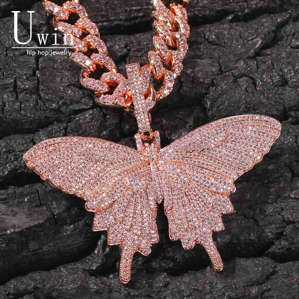 Uwin Monarch Butterfly ciondolo in oro CZ con 9mm 12mm CZ catena cubana micro pavimenta zirconi cubici collana gioielli per regalo X0509
