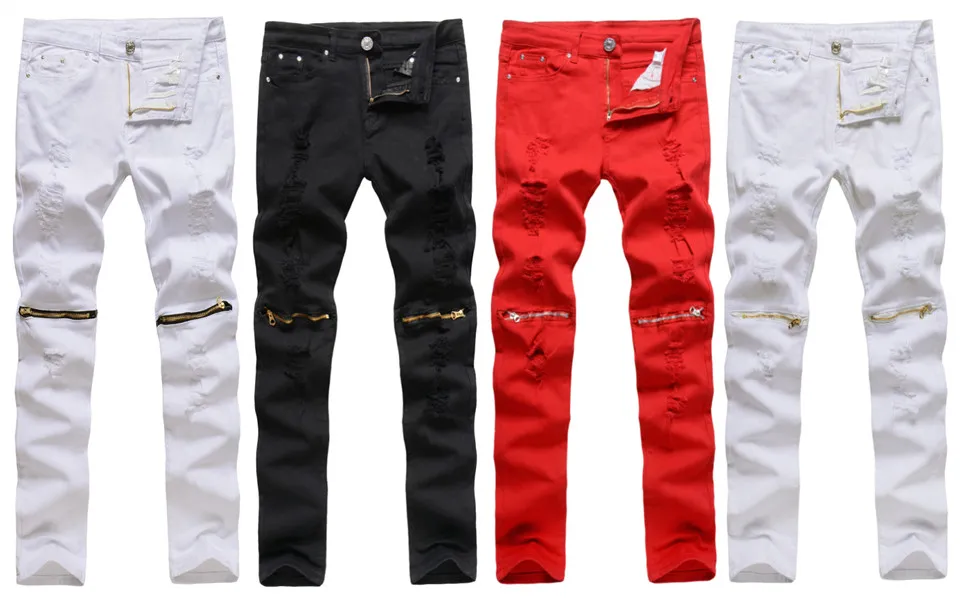 Jeans masculinos al por mayor para hombres 2021 Moda Rojo / Blanco / Negro Denim Rodilla Cremallera Nocturna Streetwear Hombre Pantalones Hip Hop Pantalón