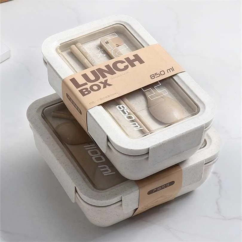 1100 ml Gezonde Materiaal Lunchbox Tarwe Straw Japanse-stijl Bento Boxes Magnetron Servies Voedselopslag Container 211103