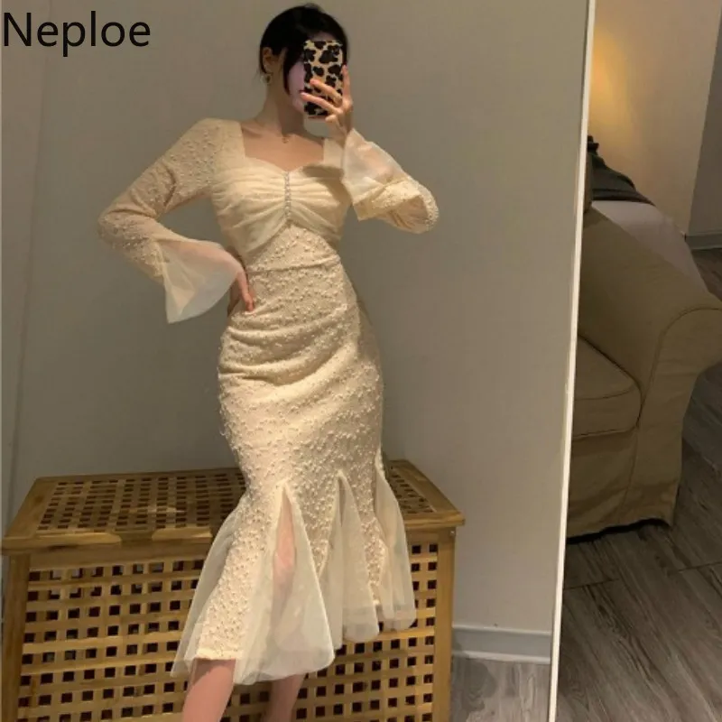 NEPLOE Korean Vintage Dresses Women Gaze Patchwork Vestidos Mujer Fashion Squaer Collar Slim Temperament Mid-Length Dresses 210422