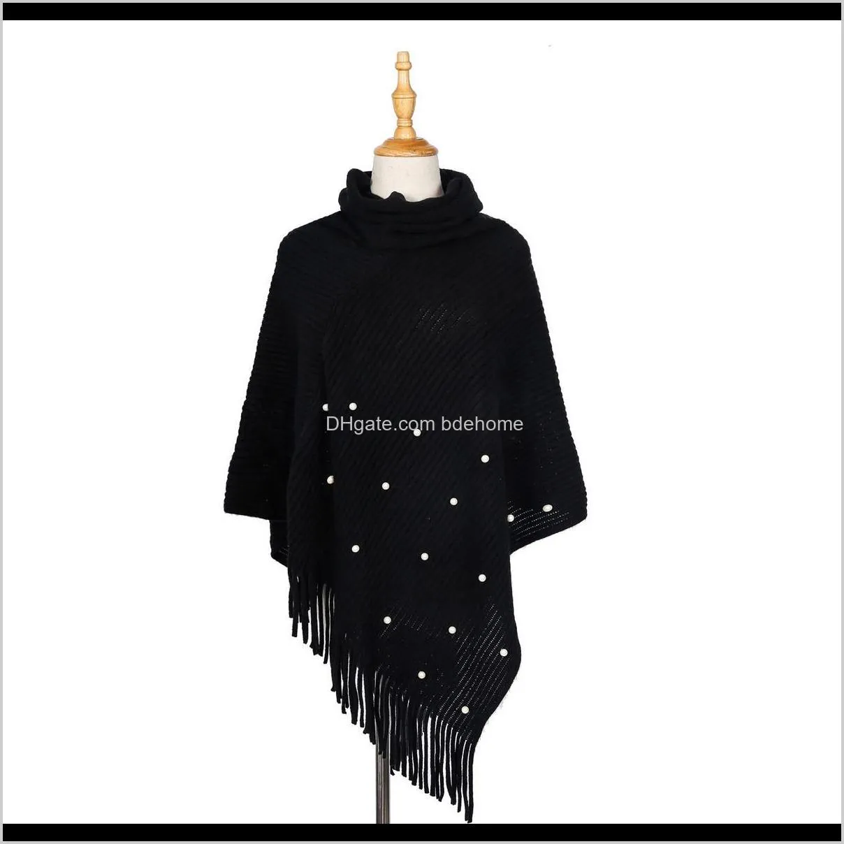 women pearl tassel turtleneck pullovers shawl scarf cashmere warm high collar solid color big cape blanket wraps female
