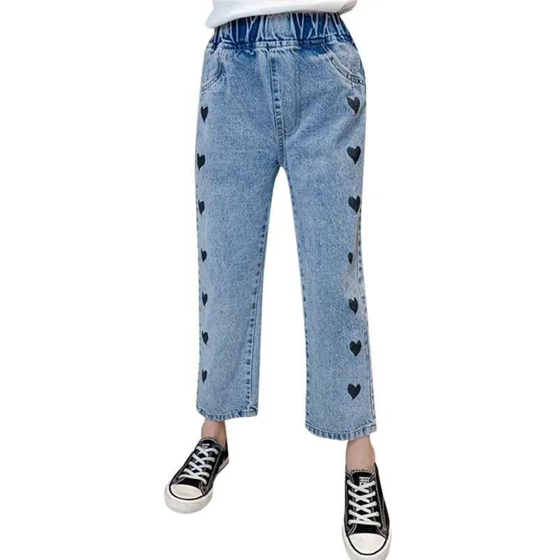 Flickor Jeans Heart Pattern Girl's Spring Autumn Barnens Casual Style Kläder 6 8 10 12 14 210527