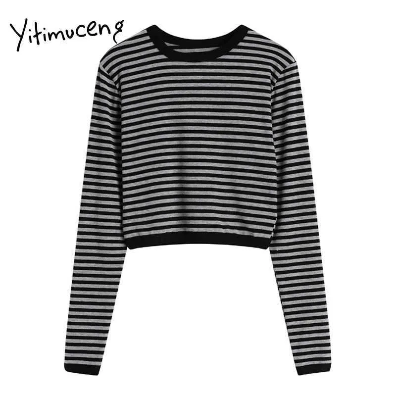 Yitimuceng Shirts for Women Spring Long Sleeve Tops Black Grey Striped Pullover O-neck Comfortable Sexy Korean Streetwear 210601