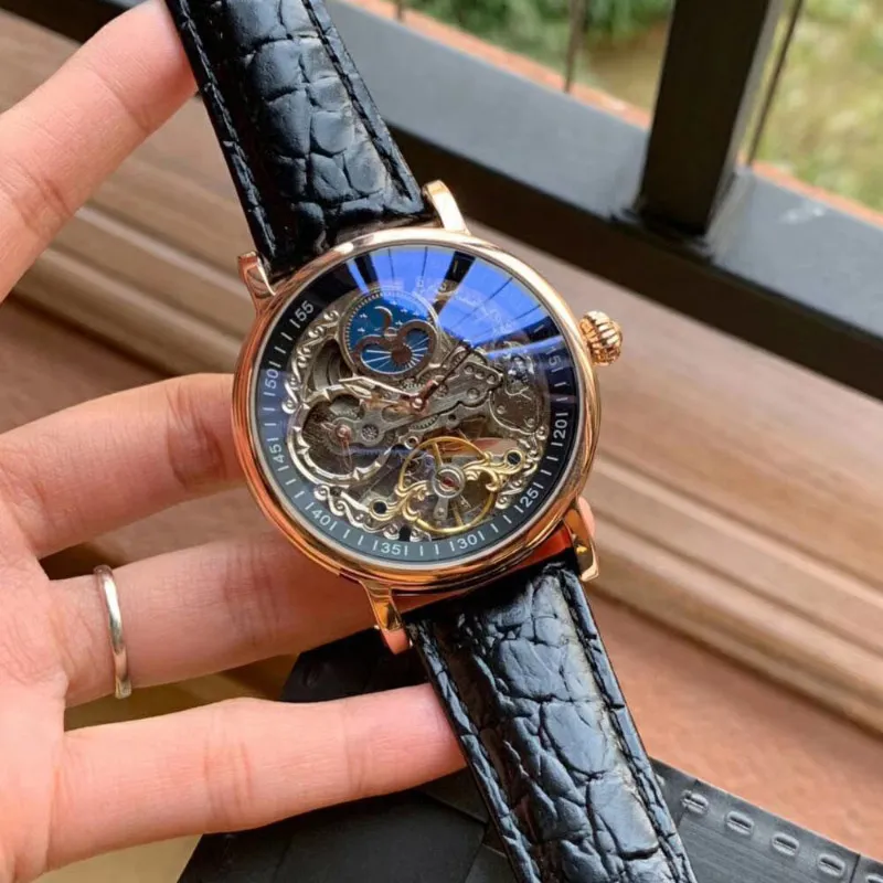 Sapphire Skeleton Automatisch Horloge Mannen Sun Moon Phase Mens Mechanische Horloges Top Horloges Lederen Band 15584 BDFL