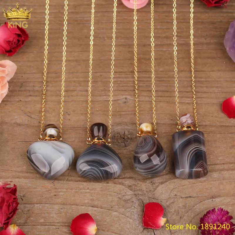 Natural Botswana Agates Stones Heart Perfume Bottle Pendant Necklace Women Onyx Gemstones Diffuser Vials Gold Chain Necklaces282Y