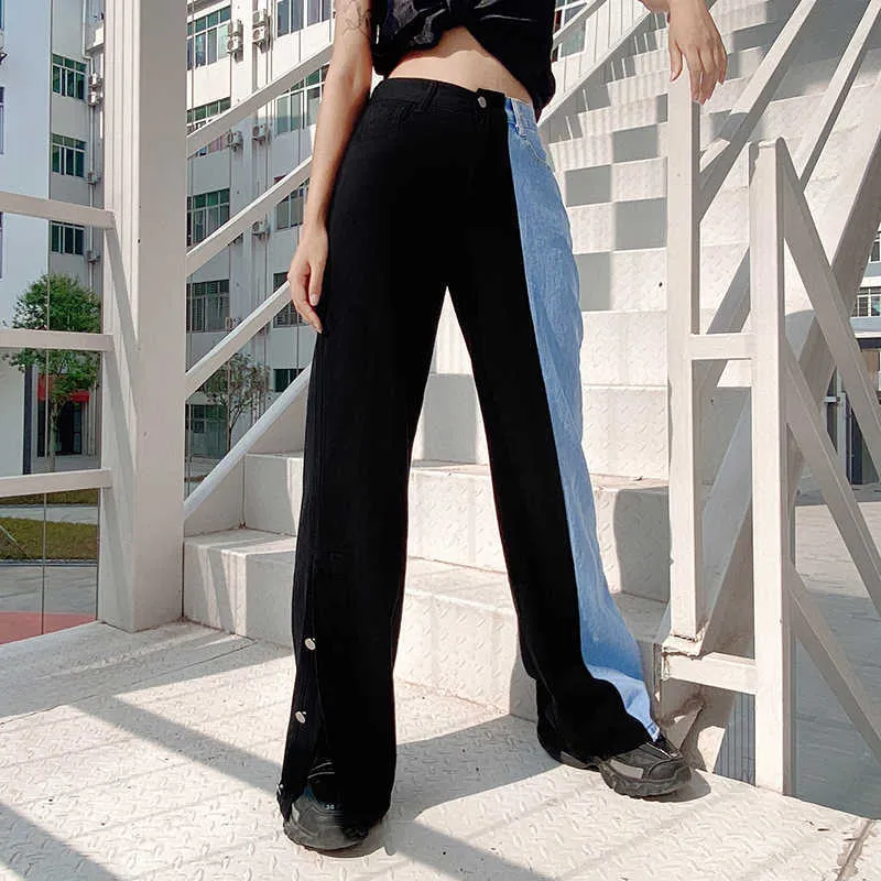 ハイウエストデニムパンツ女性原宿ブルーとブラックパッチワークジーンズ女性ストリートウェアワイドレッグパンタロン韓国のファッション服Q0801