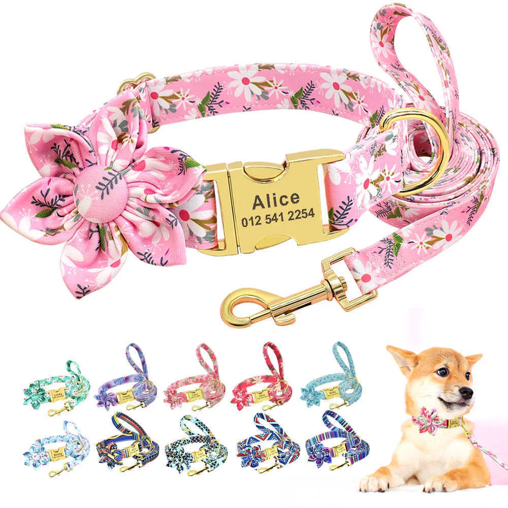 Dog Accessories Collar Leash Set Custom Printed Nylon Dog Collar Walking Leash Pet Engraved ID Tag Collar For Small Medium Dogs 211006