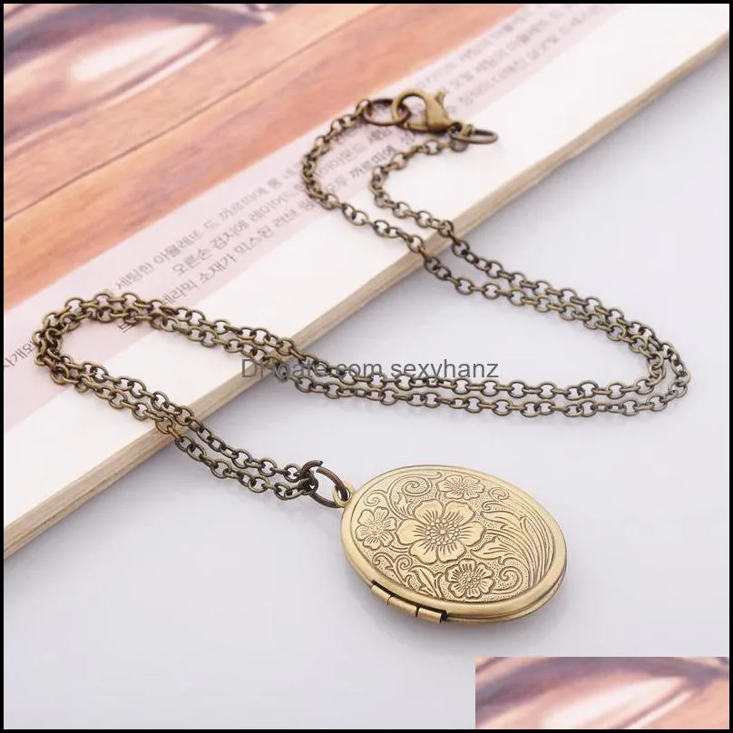 New Fashion Jewelry Vintage Carved Flowers Openable Locket Photo Box Pendant Necklace Sweater Necklaces S404