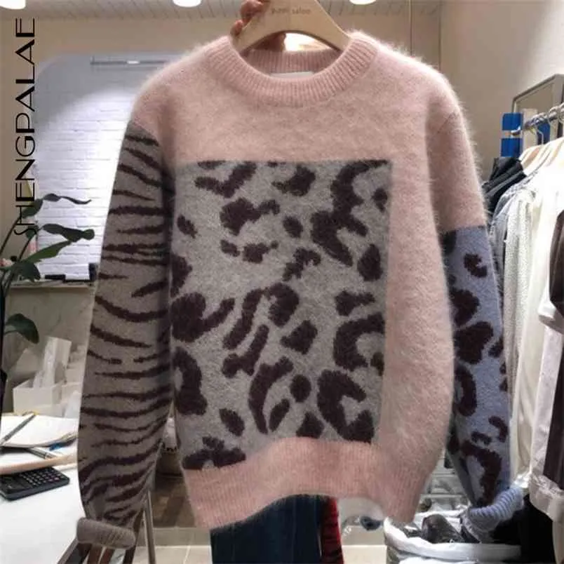 Leopard Printing Patchwork Color Round Collar Pullover Long Sleeve Spring Knitting Women Sweater A810 210427