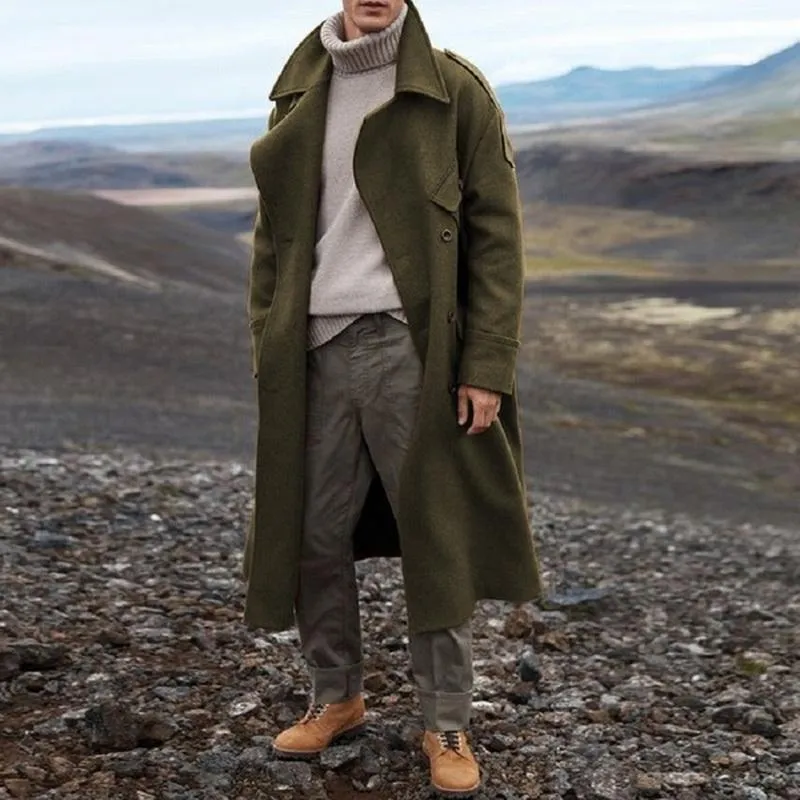 Mens Wool Blends Retro Winter Coat Men Long Trench Casual Brown