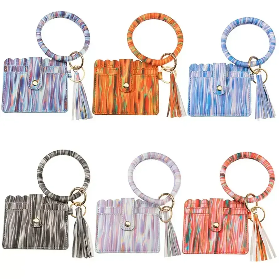 PU Läder Kortväska Nyckelringar Party Armband Keychain Plånbok med Tassels String Bangle Key Ring Holder Wristlet Handväska WHT0228