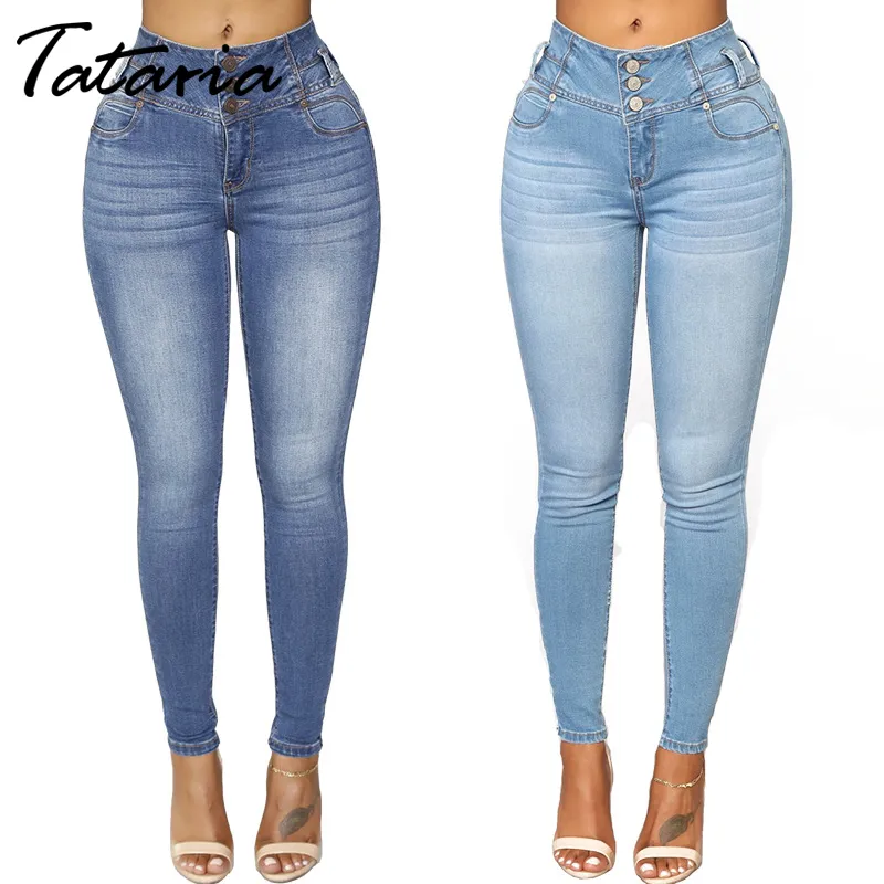 Tataria kvinnor tre-breasted jeans hög midja elastiska skinny penna byxor vintage denim damer 210514