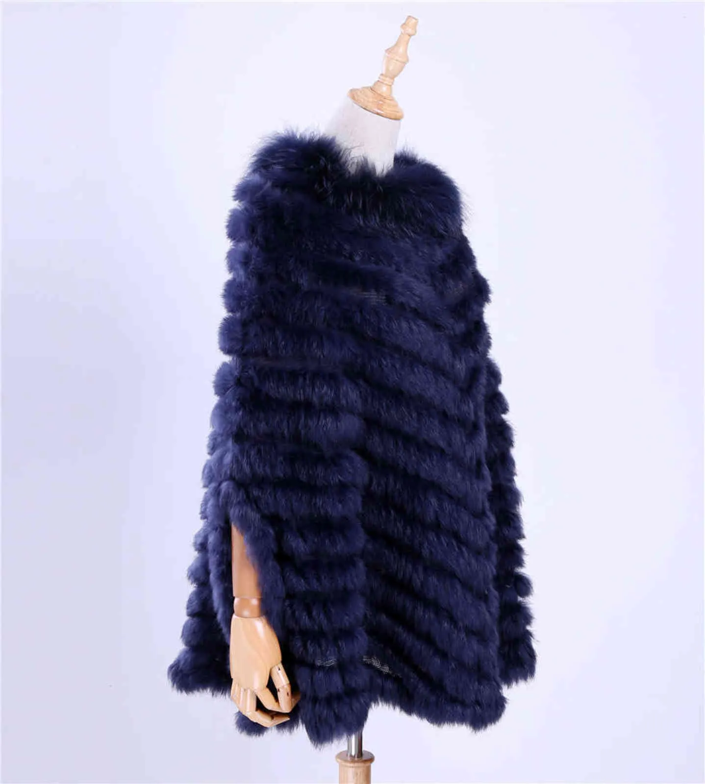 Women's Luxury Pullover Knitted Genuine Rabbit Fur Raccoon Fur Poncho Cape Scarf Knitting Wraps Shawl Triangle Coat 201221