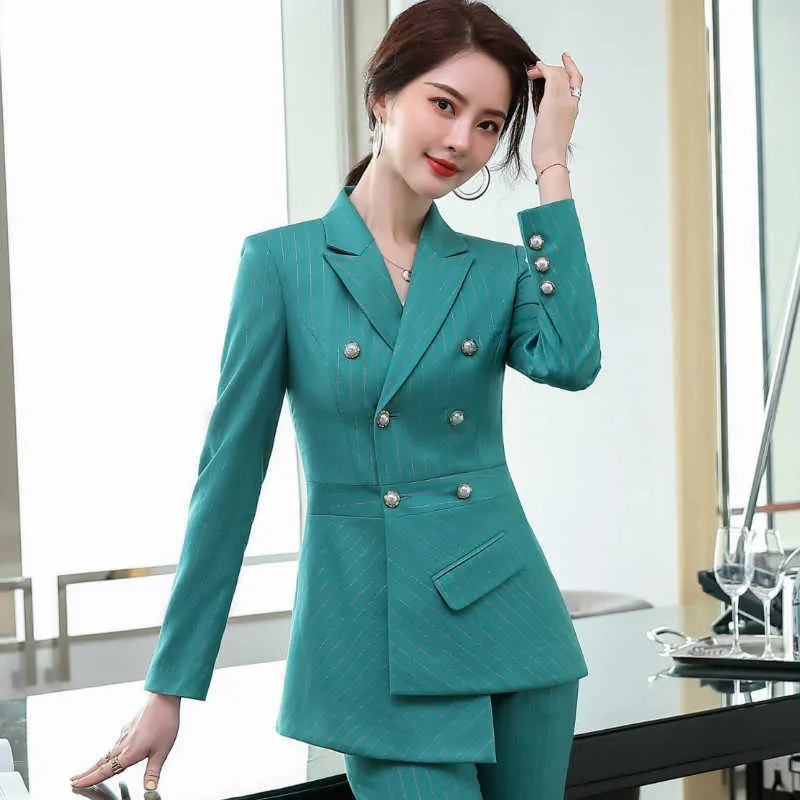 Plus size women's high-quality professional pants suit two-piece Autumn pearl double breasted ladies jacket Slim 210527