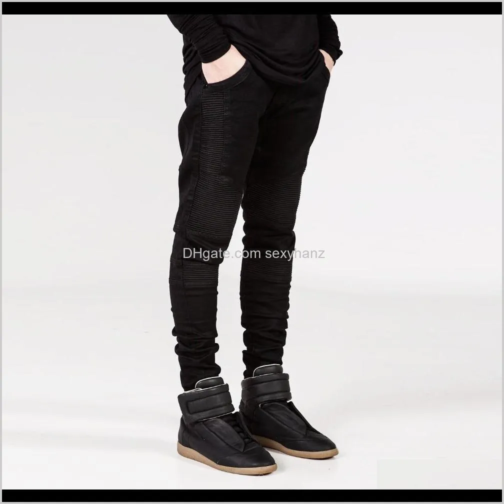 wholesale-new arrival mens stretch cotton hip hop white black skinny biker jeans pleated on the knee 5 colors plus size28-38 m230